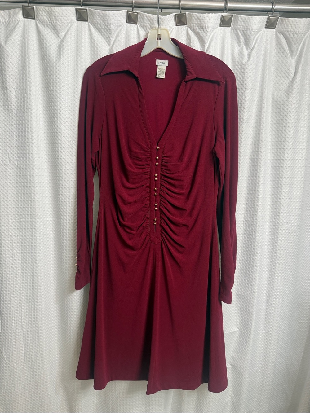 Vintage Cache Burgundy Long-Sleeve Ruched Front Dress - Large